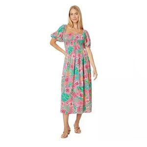 NWT Lilly Pulitzer SELAH Smocked Midi Dress Island Satin Journey Jungle